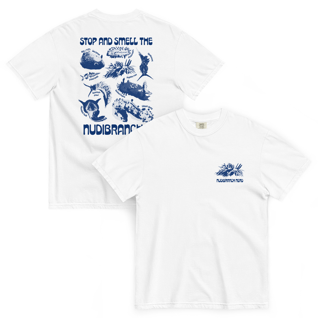 Stop and smell the nudibranchs t-shirt (back design + lapel)
